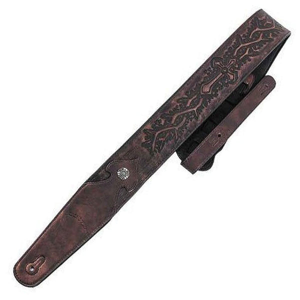 Walker & Williams Leather Spade Cut Guitar Strap w/Tooled Cross and Thorns in Metallic Copper  - LIP05