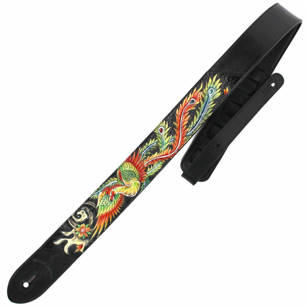 Walker & Williams Premium Carved Leather Guitar Strap Spectrum Phoenix on Black - KB31