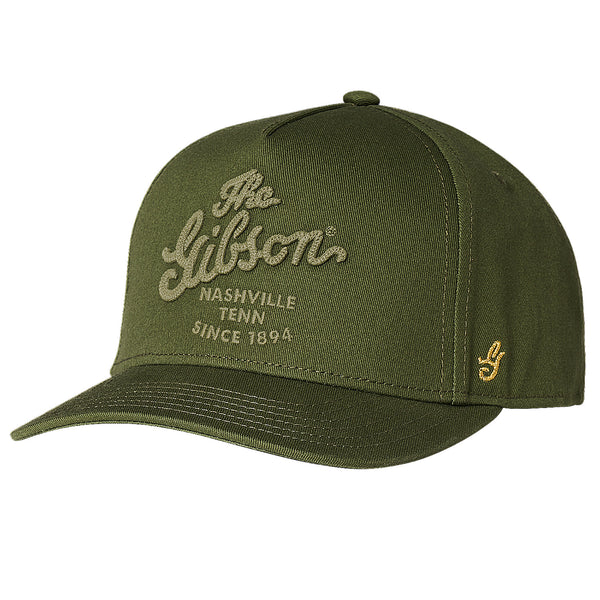 Gibson Script Logo Structured Snapback Hat Olive Green - GHTSSNBKSCRPOL