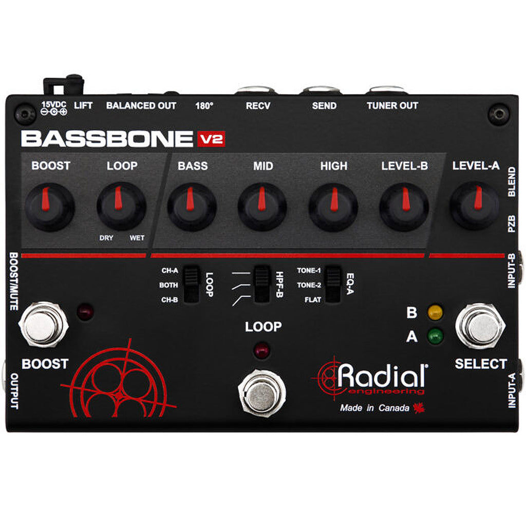 Radial Bassbone V2 Bass Preamp Effects Pedal Dual Input w/EQ Power Boost Fx Loop & Built-In Radial Di - R8007071