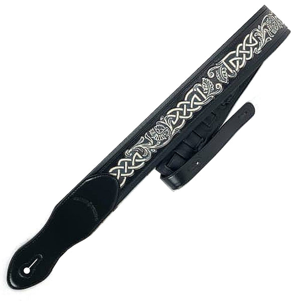 Walker & Williams  Carving Leather Padded Guitar Strap w/Aged White Celtic Knot in Gloss Black  - KB05BLK