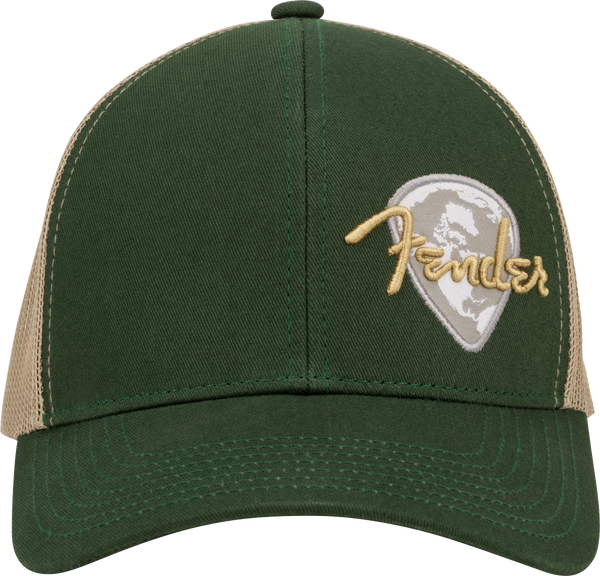 Fender Logo Globe Pick Patch Hat, Green/Khaki, One Size - 9122421400