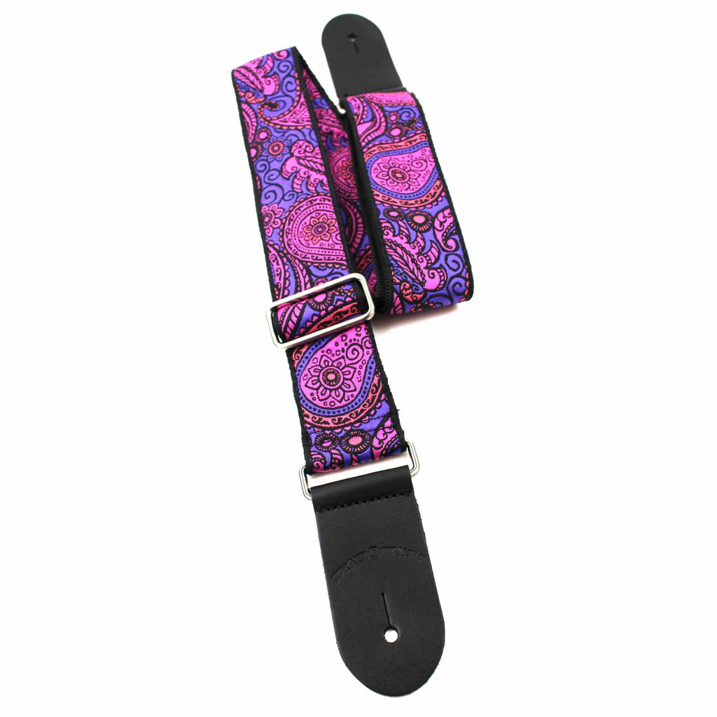 Walker & Williams Vintage Modern Guitar Strap Hot Magenta And Purple Paisley Design Chrome Hardware & Leather Ends - JK08