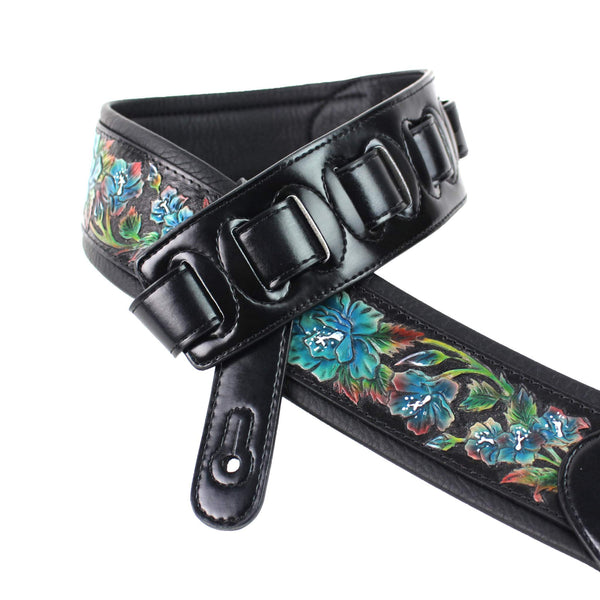 Walker & Williams Grain Leather Guitar Strap w/Carved Cyan Blue Roses in Gloss Black - KB11