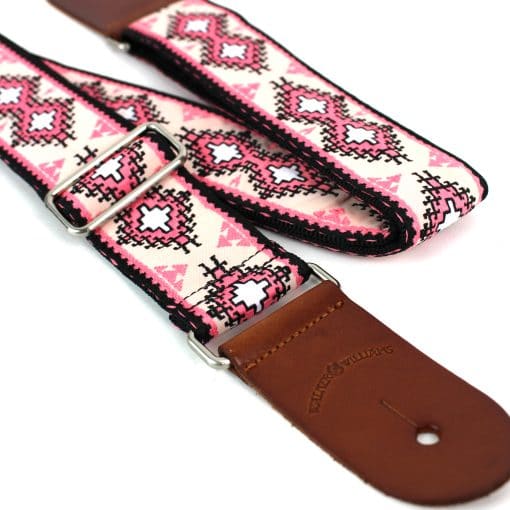 Walker & Williams Vintage Series Guitar Strap Bright Pink & White SW Diamond Design Thick Leather Ends - H35