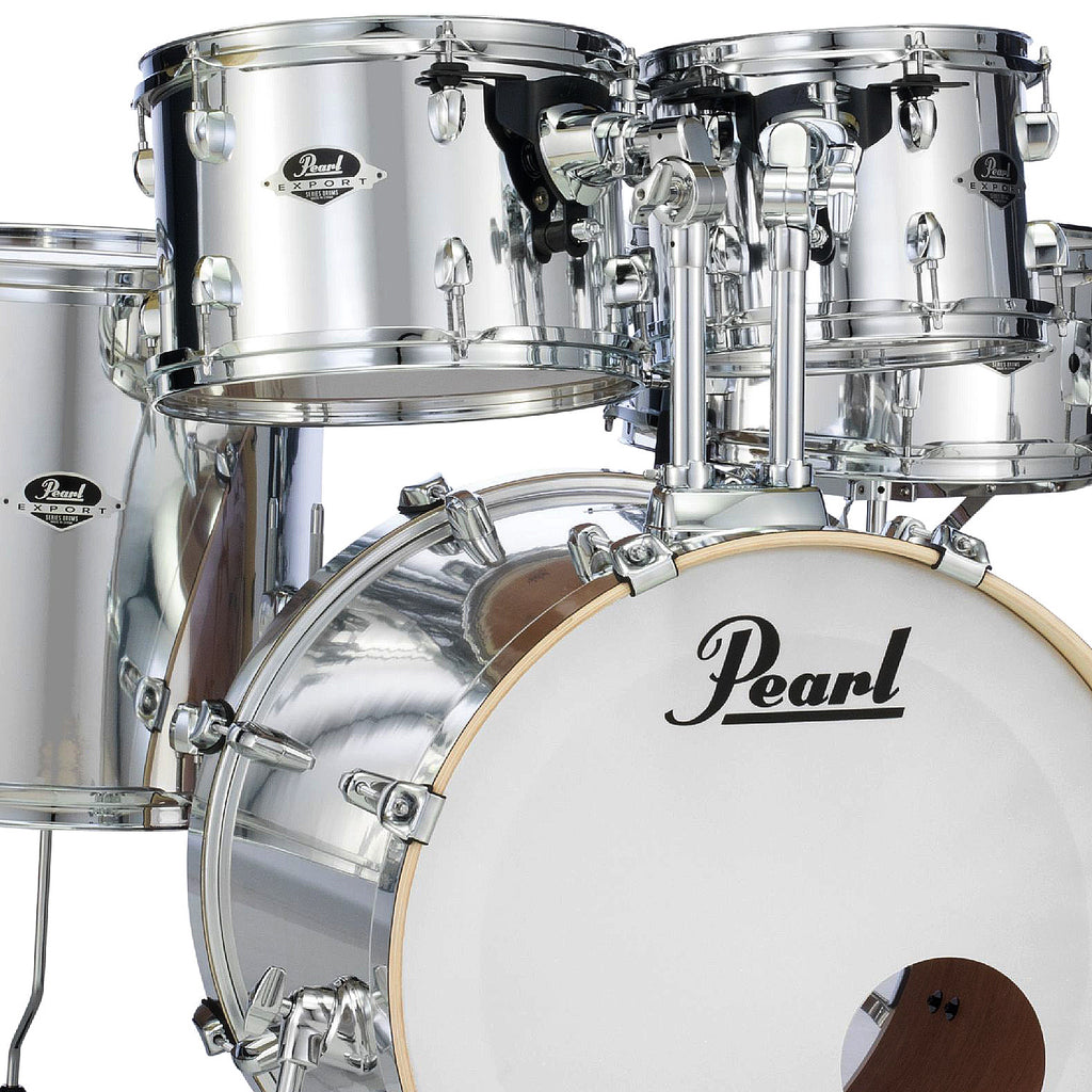 Pearl Export EXX 5 Piece Drumkit & Hardware in Mirror Chrome w/Zildjian Cymbal Pack & Throne