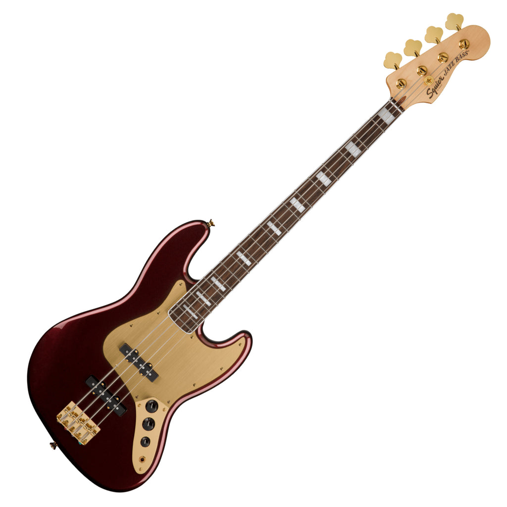 Squier 40th Ann Jazz Electric Bass Laurel Gold Hardware Gold Pickguard In Ruby Metallic Red - 0379440515