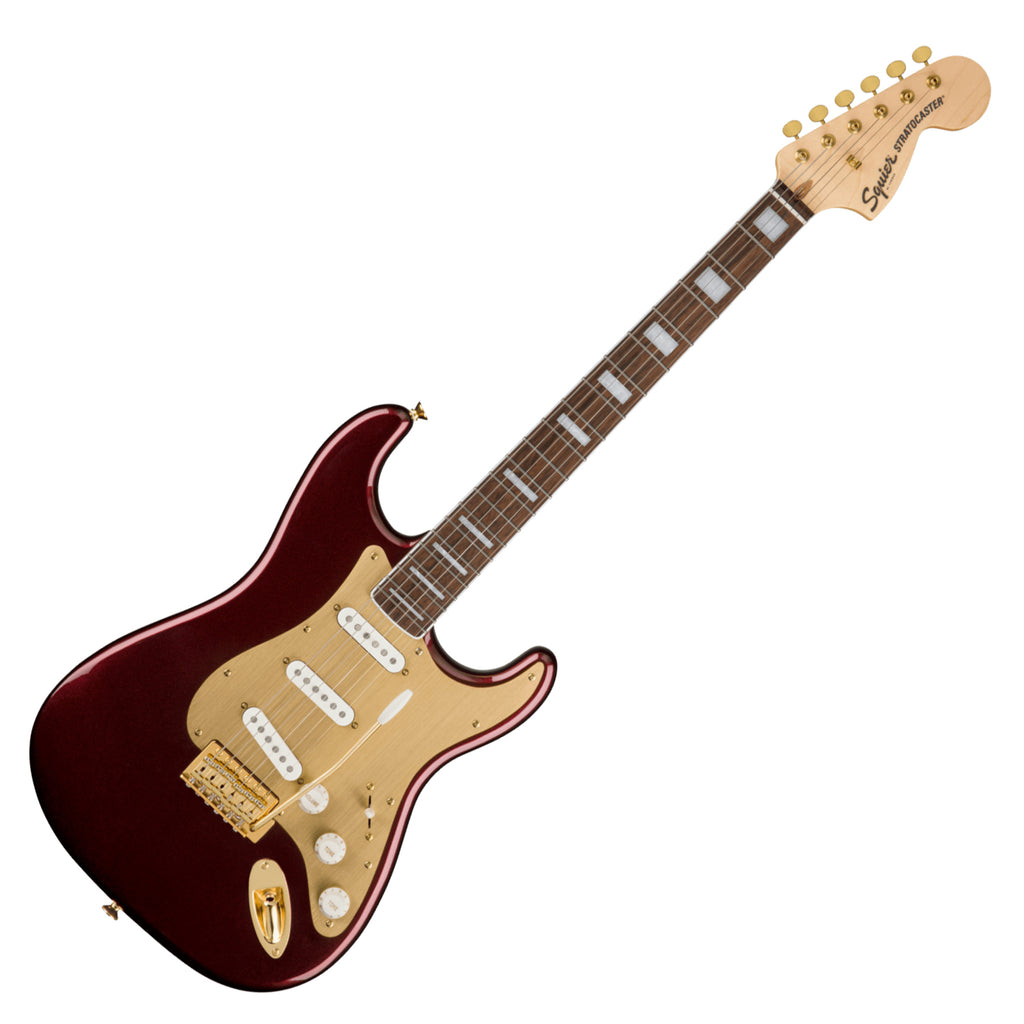 Squier 40th Ann Stratocaster Electric Guitar Laurel Gold Hardware & Pickguard in Ruby Metallic Red - 0379410515