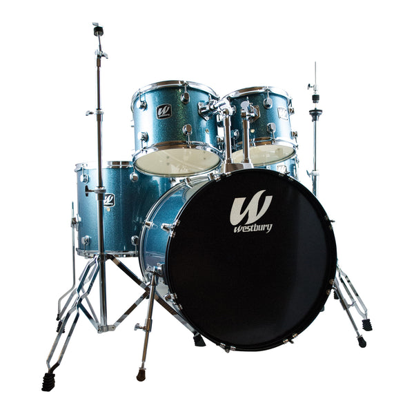 Westbury W575TAS 5 Piece Drum Kit in Aqua Sparkle w/Hardware Cymbals and Drum Stool