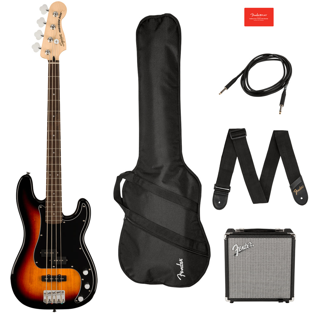 Squier PJ Electric Bass Pack Laurel in 3 Tone Sunburst w/Rumble 15 Bass Amplifier + Acc - 0372980000