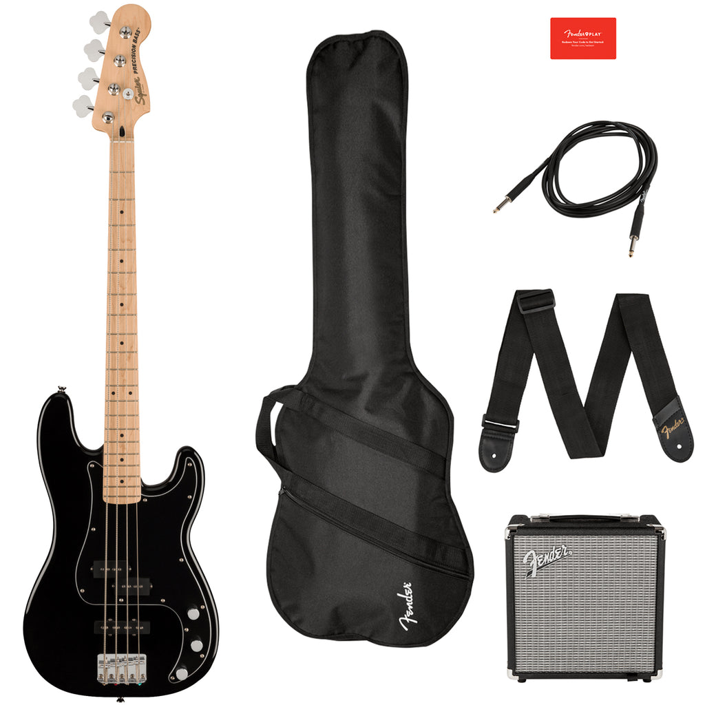 Squier PJ Electric Bass Pack Maple in Black w/Rumble 15 Bass Amplifier + Acc - 0372981006