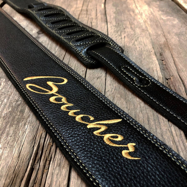 Boucher BOU17SSEBLK Logo Premium Leather Guitar Strap in Black