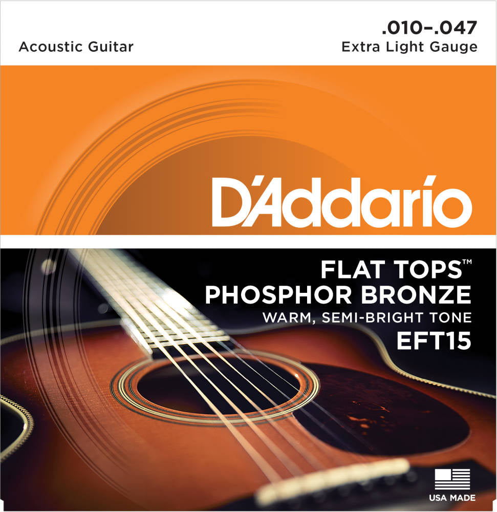 D'addario Flat Tops Phosphor Bronze Acoustic Strings Extra Light 010-047 - EFT15