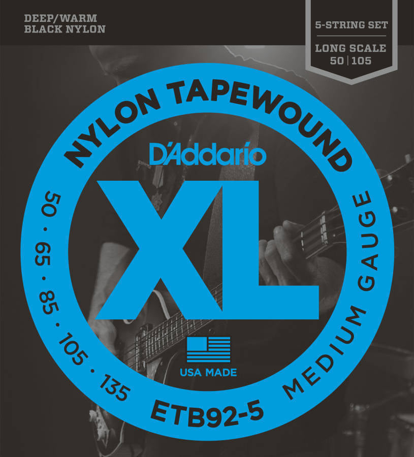 D'addario ETB925 Black Nylon Tapewound 5 String Bass Strings Medium 50-130