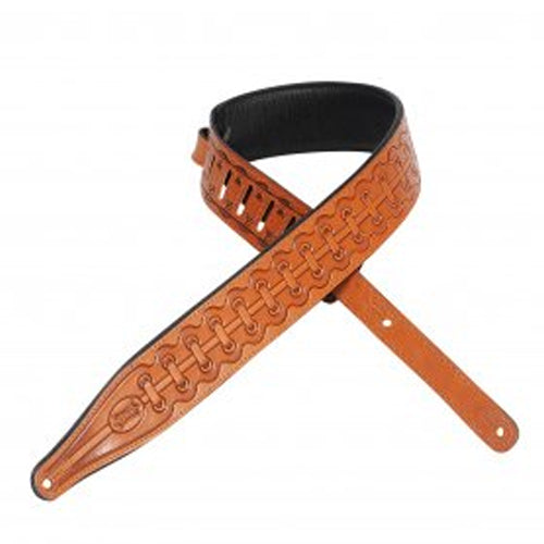 Levys 2-1/2" Carving Leather Guitar Strap Tooled Bootlace Design in Tan - M17T08TAN