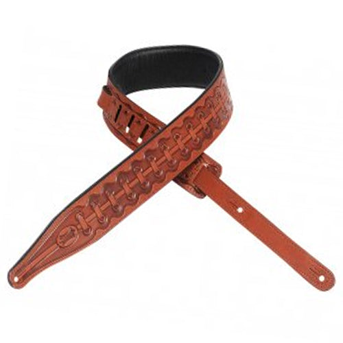 Levys 2-1/2" Carving Leather Guitar Strap Tooled Bootlace Design in Walnut - M17T08WAL