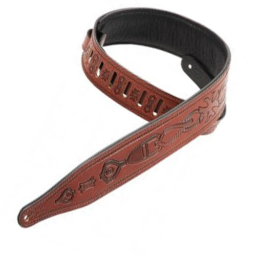 Levys 2-1/2" Carving Leather Guitar Strap Tooled Chain Design in Walnut - M17T02WAL